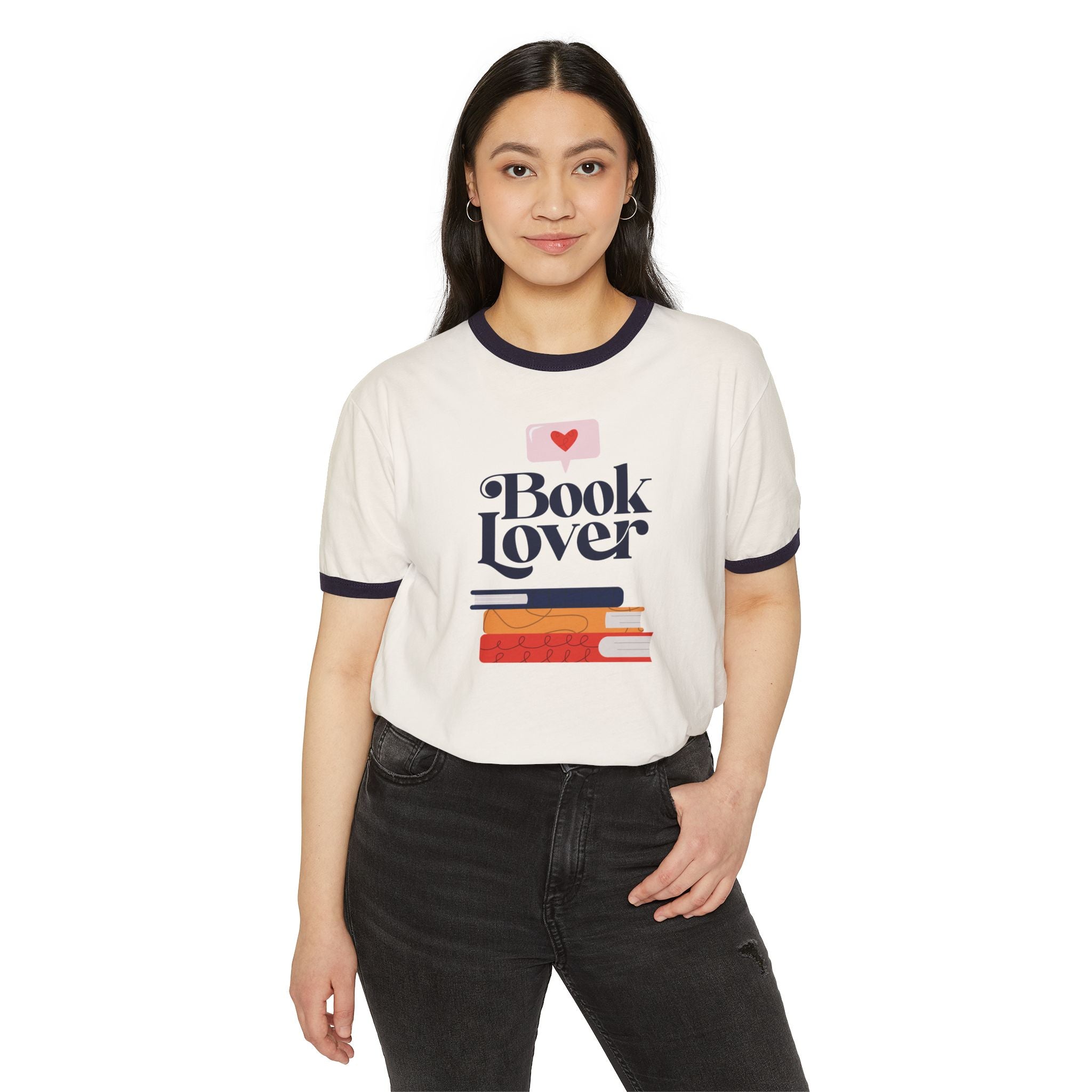 Book Lover Ringer Tee — Retro Stack of Books Graphic