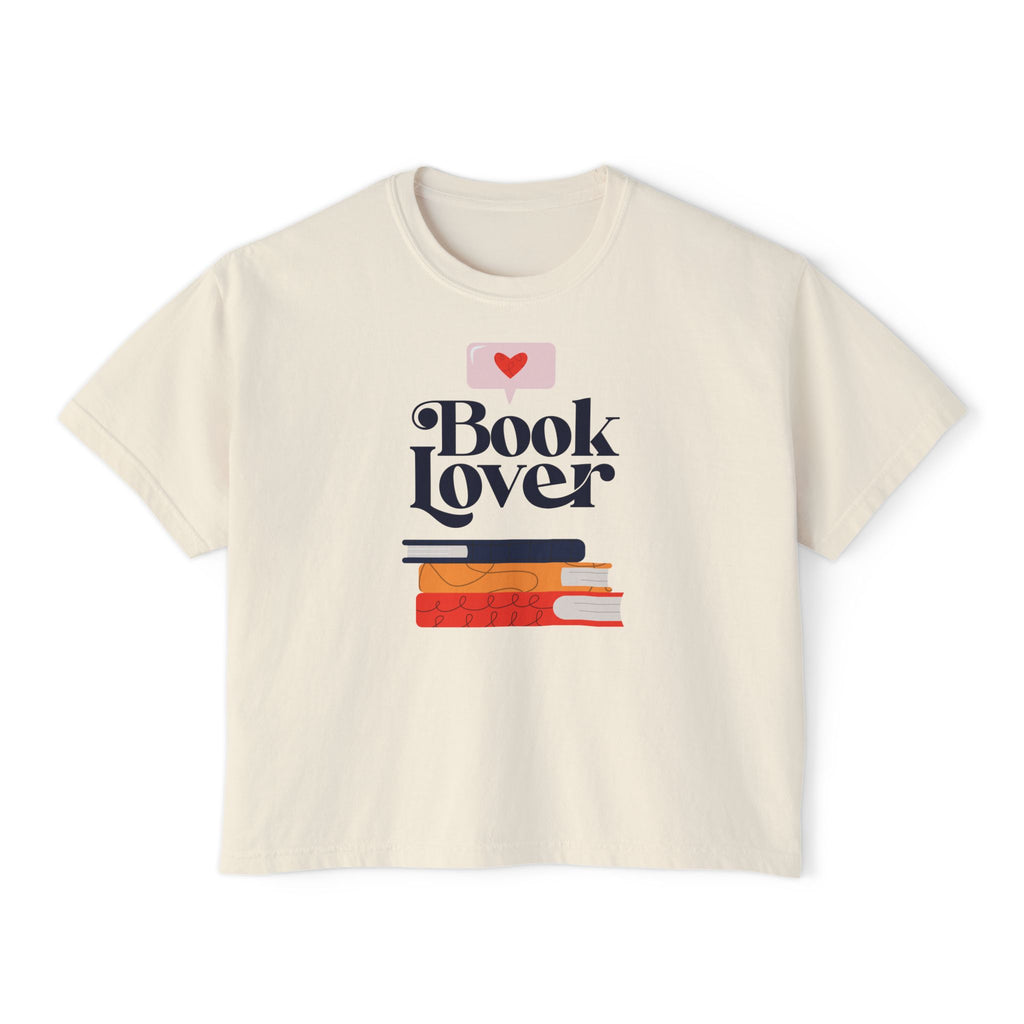 Book Lover Boxy Tee — Women's Casual Graphic Shirt with Stack of Books
