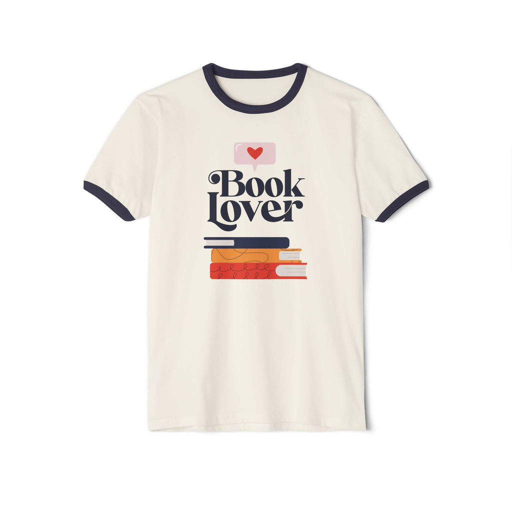 Book Lover Ringer Tee — Retro Stack of Books Graphic