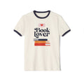 Book Lover Ringer Tee — Retro Stack of Books Graphic